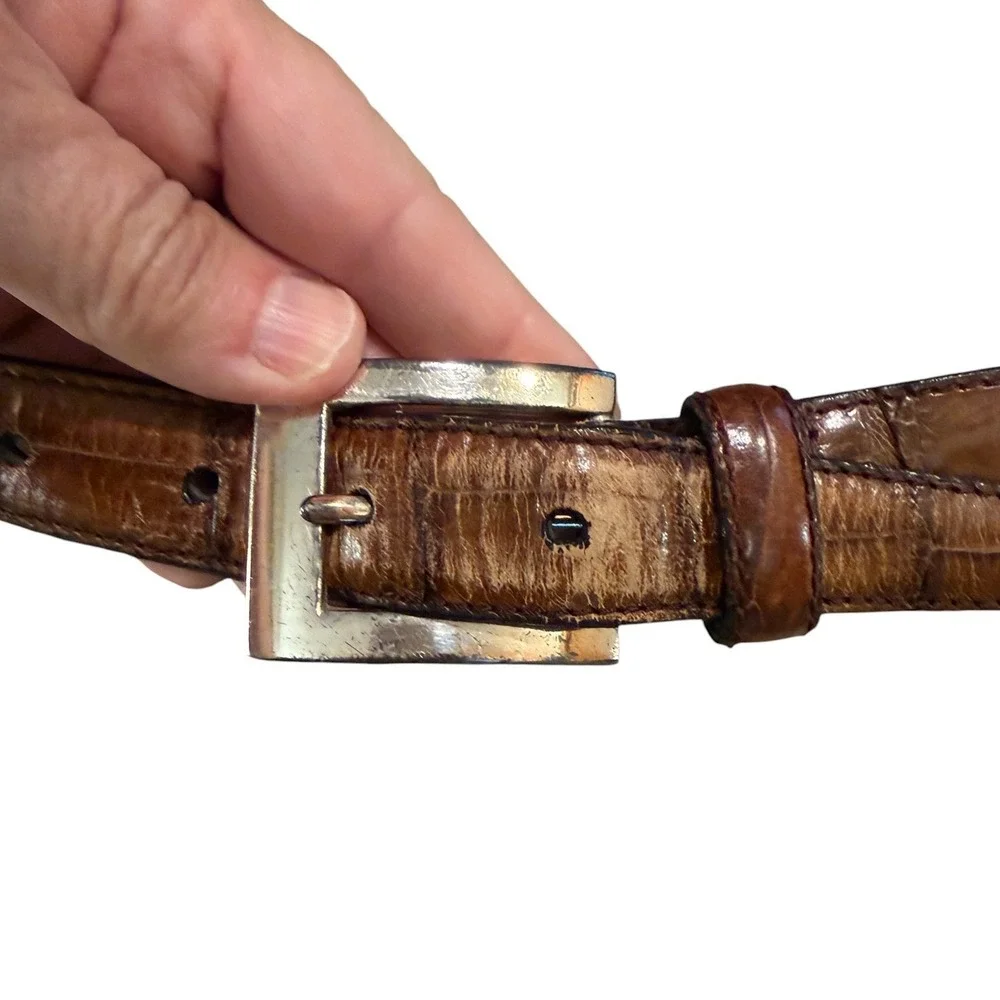 Fossil Vintage Croco‎ Embossed Leather Belt Womens Size S Brown Gold Y2K Cowhide